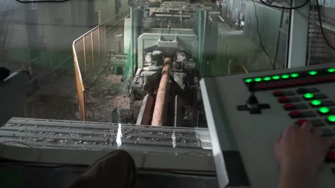 Remote control of the conveyor with logs Stock Footage 145426968