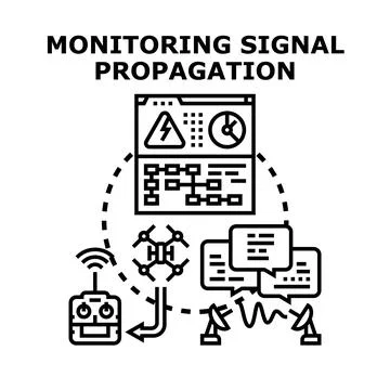 Remote control devices, satellite dishes, and a drone send and receive signal Stock Illustration