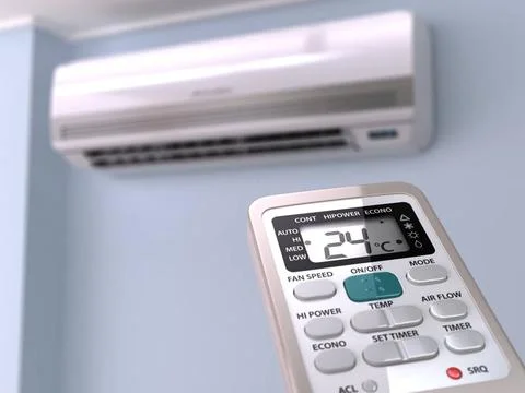 Remote control directed on air conditioner systrem. Remote control directe... Stock Photos