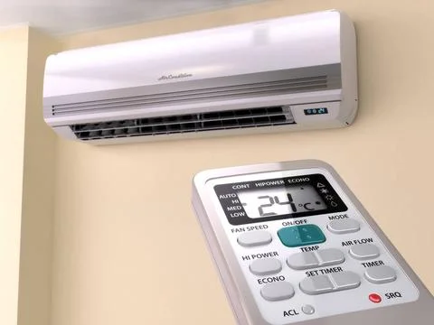 Remote control directed on air conditioner systrem. Remote control directe... Stock Photos