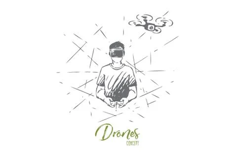 Remote, control, drone, fly, man concept. Hand drawn isolated vector. Stock Illustration