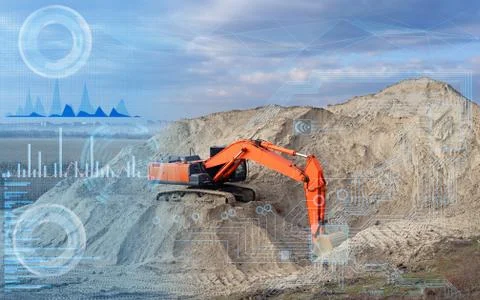 Remote control of the excavator with the help of a given program and computer Stock Photos
