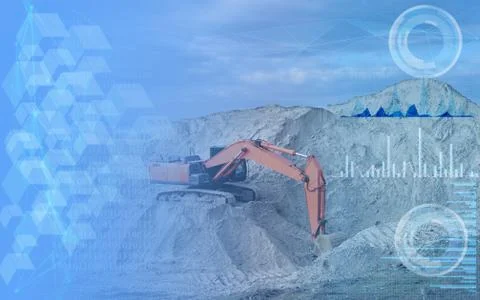 Remote control of the excavator with the help of a given program and computer Stock Photos