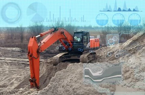 Remote control of the excavator with the help of a given program and computer Stock Photos