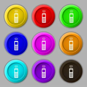 The remote control icon sign. symbol on nine round colourful buttons. Illustrazione stock