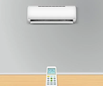 Remote control is pointed at the air condition split system on the wall 스톡 일러스트