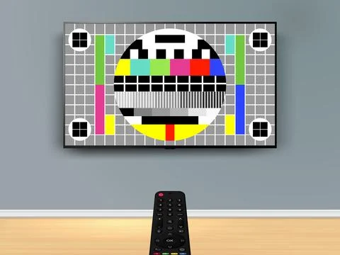 Remote control is pointed at the no signal TV on the wall. Stock Illustration