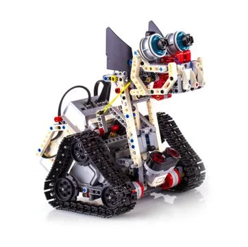 Remote control robot made from building blocks assembled by children Fotos de archivo