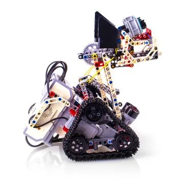 Remote control robot made from building blocks assembled by children Stock Photos