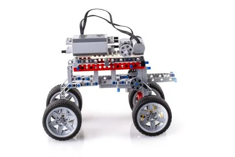 Remote control robot made from building blocks assembled by children Stock Photos
