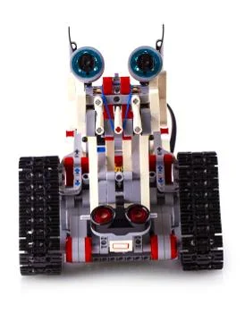 Remote control robot made from building blocks assembled by children Stockfoto's