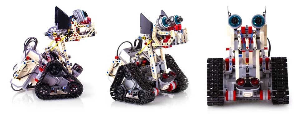 Remote control robot made from building blocks assembled by children Stock Photos