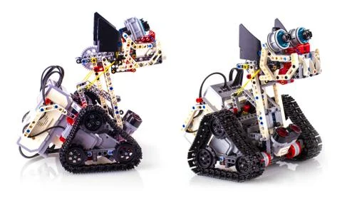 Remote control robot made from building blocks assembled by children Stockfoto's