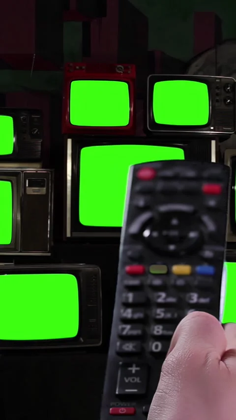 Remote Control Turning On and Off Stacked Vintage TVs With Green Screens - 4K Stock Footage 304096365