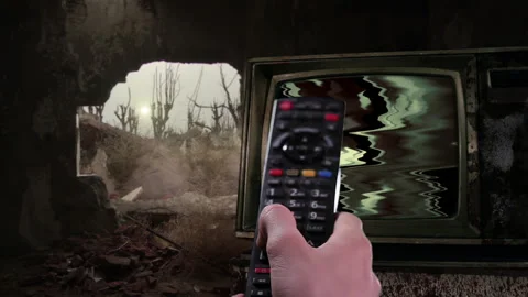 Remote Control Turning On an Old TV With Green Screen Inside a Ruined House - 4K Stock Footage 304002397