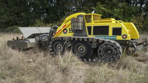 Remote Controlled Demining System In A Field In Ukraine Stock Photos