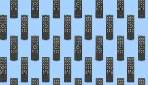 Remote controller pattern on light blue background, top view. Collage design Stock Photos