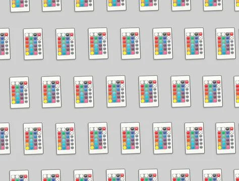 Remote controller pattern on light grey background, top view. Collage design Stock Photos
