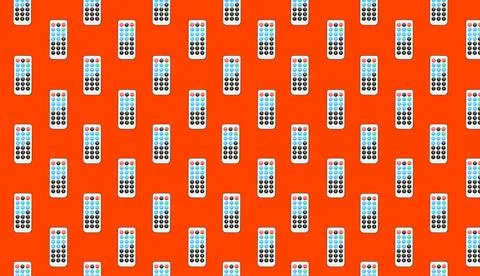 Remote controller pattern on red background, top view. Collage design Stock Photos