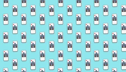 Remote controller pattern on turquoise background, top view. Collage design Stock Photos
