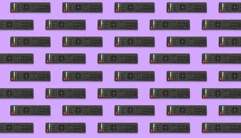 Remote controller pattern on violet background, top view. Collage design Stock Photos