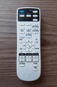 Remote controller . White projector System REMOTE Control wooden background.  Stock Photos