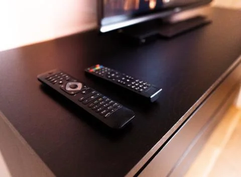 Remote Controls for Smart TV, DVB-T2, Android TV Box, Satellite, HDTV Stock Photos