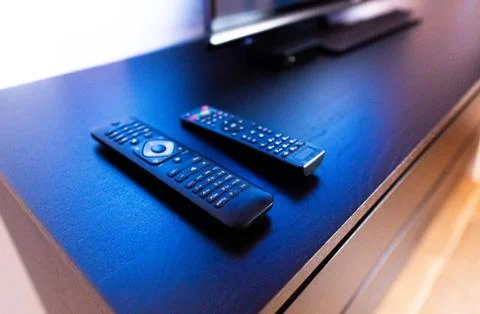 Remote Controls for Smart TV, DVB-T2, Android TV Box, Satellite, HDTV Stock Photos