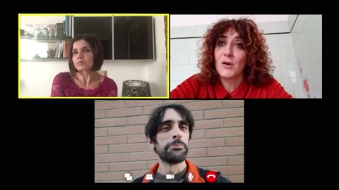 Remote conversation-friends chat on video call by computer and smartphone Stock Footage 141914405