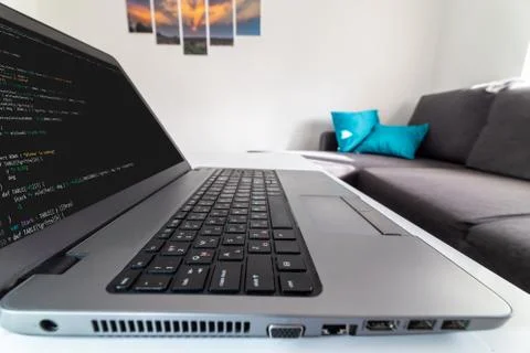 Remote developer concept. Man coding from home Stockfoto's