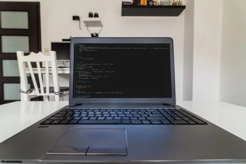Remote developer concept. Man coding from home 库存照片