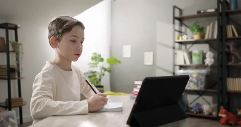 Remote education. Cute boy talking with tutor teacher by webcam conference call Stock Footage 265104923