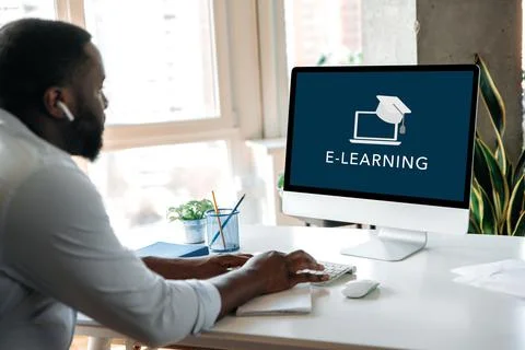 Remote education, e-learning concept. African American smart confident guy Foto stock