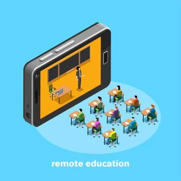 Remote education via the Internet using modern equipment, students sit at des 스톡 일러스트