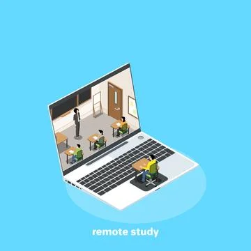 Remote education via the Internet using modern equipment, students sit at des イラスト素材