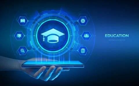 Remote education via smartphone app. E-learning. Innovative online education  Stock Illustration