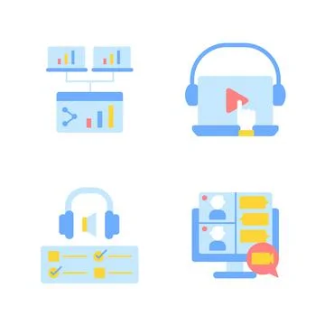 Remote education vector flat color icon set Stock Illustration