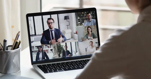 Remote employee conferencing boss and coworkers in online virtual chat Stock Footage