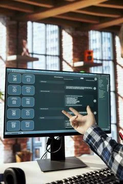 Remote employee solving tasks with artificial intelligence LLM 库存照片