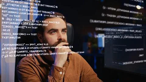 Remote employee using augmented reality technology to visualize lines of code Stock Illustration