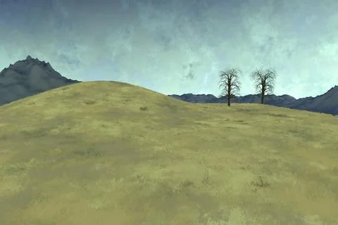 Remote field with trees and distant mountasins. 3d render. Stock Illustration