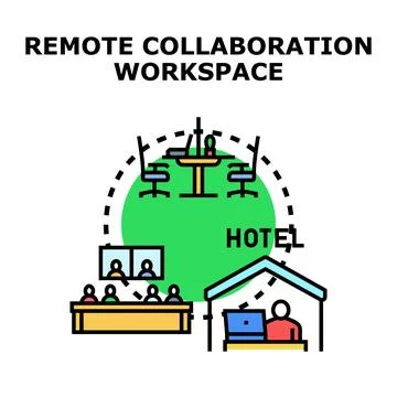 Remote global team collaborating in hybrid workspace settings Stock Illustration