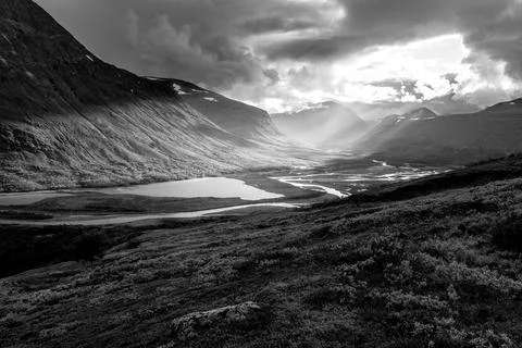 Remote harsh arctic landscape in rough weather in Sarek national park, Swedish Stock Photos