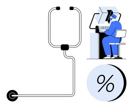 Remote Healthcare Professional Using Computer with Stethoscope and Percenta.. Stock Illustration