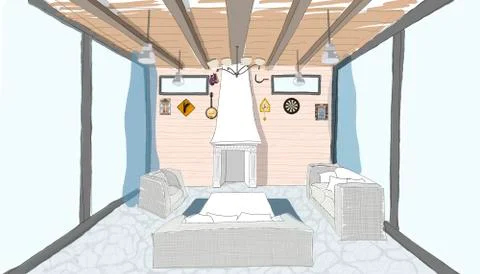 Remote home interior view with fireplace on the wall. Illustrazione stock