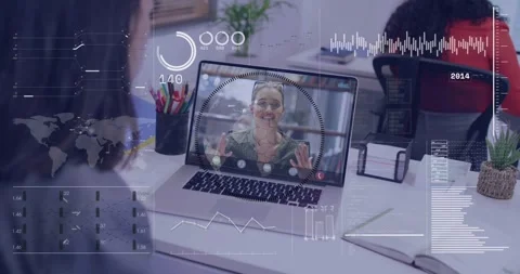 Remote host showing on laptop while team watching business HUD syncing with cues Stock Footage 331125436