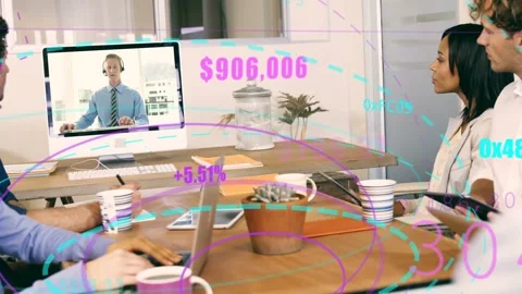 Remote host speaking on screen, finance team viewing, typing under data graphics Stock Footage 333221246