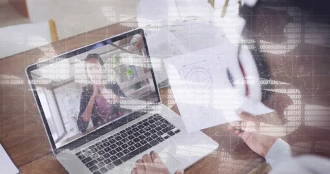 Remote host speaking triggers engineer moving printout, using laptop for tech Stock Footage 320725443