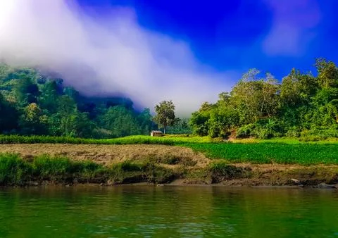 Remote house made of woods on a hill beside the Shangu river from Bandarban, Stock Photos