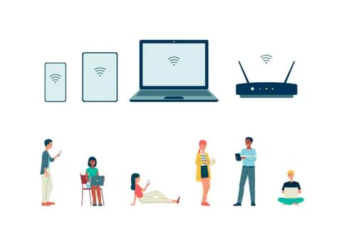 Remote internet connection set with people, flat vector illustration isolated. Stock Illustration